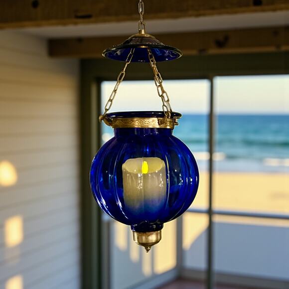 Vintage Cobalt Blue Hundi Glass Lantern-23'' Brass-Bell Pendant Hanging Light - Picture 10 of 13